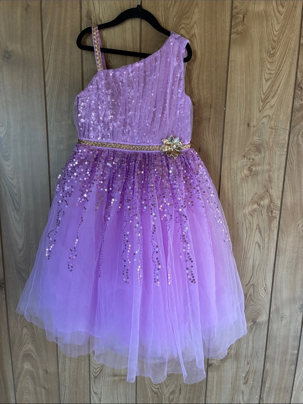 Disney Lavender One-Shoulder Sequin Tulle Dress with Gold Accent
Disney princess